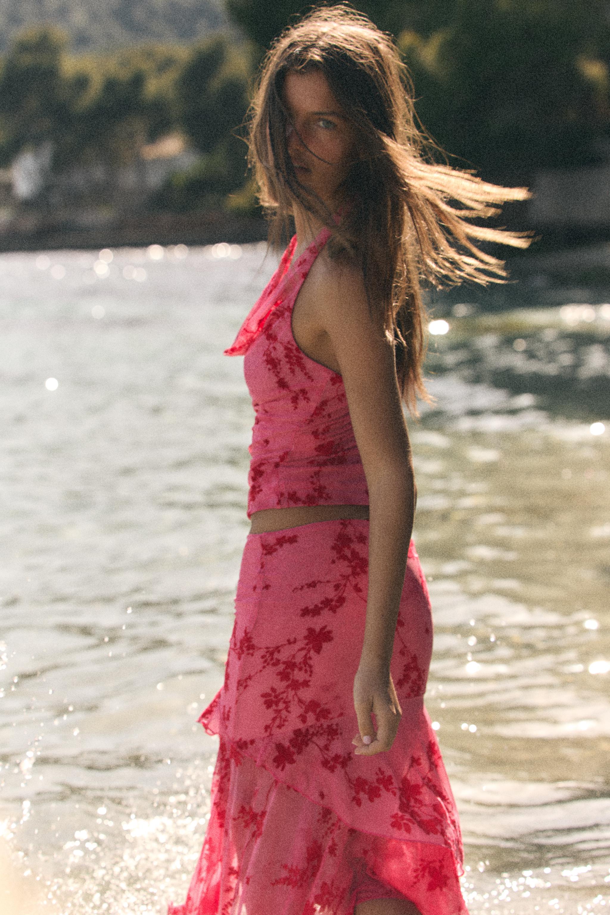 FLOCKED TULLE HALTER TOP